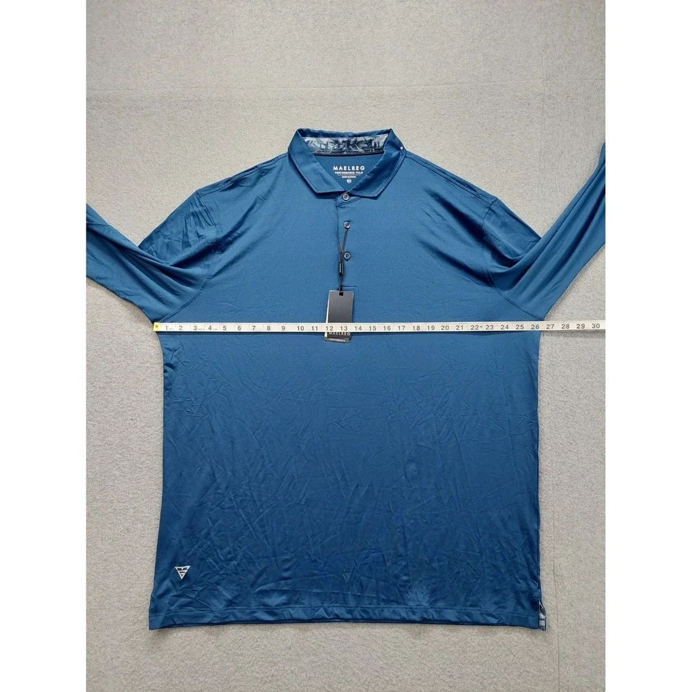 Maelreg Men Polo Shirt 2XL Blue‎ Long Sleeve Button Front Collared 4 Way Stretch